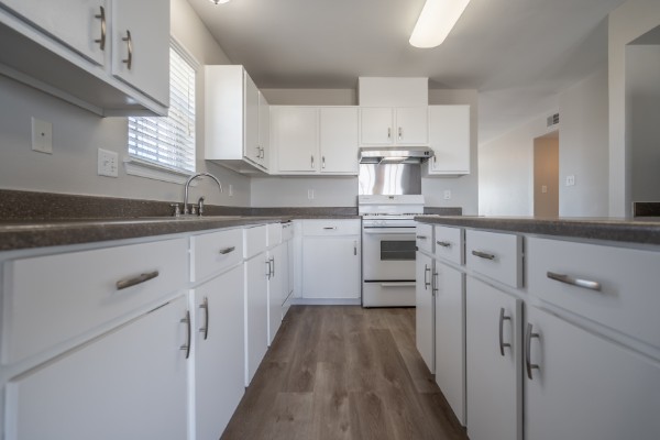 modern kitchen with white cabinets and stainless-steel appliances