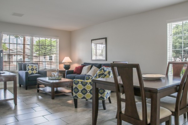 decorated living and dining space with large windows